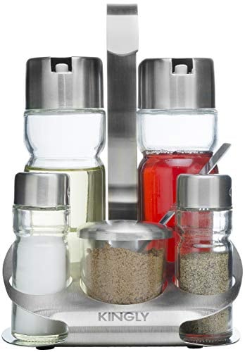 Oil and Vinegar Salt & Pepper Cruet Set (6 Piece) Durable Glass Stainless Steel Bottle Set with Caddy