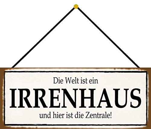 Blechschild 27x10cm gewölbt mit Kordel Die Welt ist ein Irrenhaus Spruch Lustig Sprüche Deko Geschenk Schild