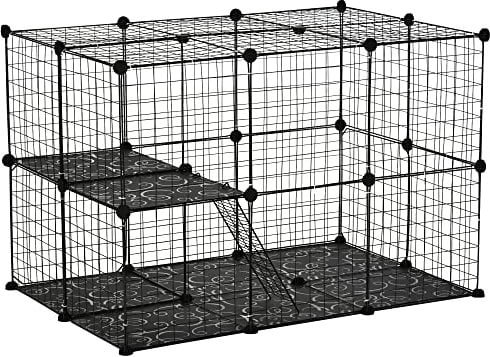PawHut Pet Playpen DIY Small Animal Cage Enclosure Metal Wire Fence 39 Panels with 3 Doors 2 Ramps for Kitten Bunny Chinchilla Pet Mink Black
