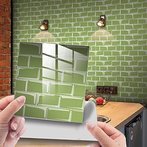 Hiser 25 Piezas Mármol Adhesivos Decorativos Azulejos Pegatinas para Baldosas del Baño/Cocina Mármol Impresión de Mosaico - Clásico Resistente al Agua Pegatina de Pared (Verde Oliva,10x10cm)