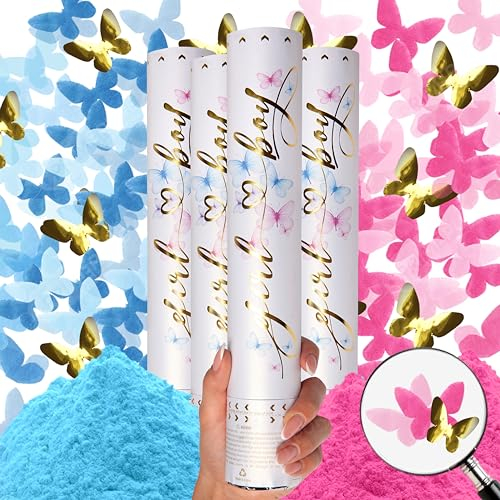 PrimePure Cañón Confeti para Revelacion Genero Bebe - Polvo Biodegradable y Confeti en Forma de Mariposa - Rosa y Azul, Paquete de 4 - Bombas de Humo para Revelación de Género de Niño o Niña