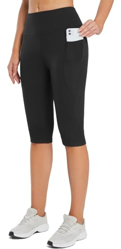 baleaf Knielange Kurze Leggings Damen Yogahose kurz high Waist Yoga Radlerleggings Sport Sommer mit Taschen Schwarz XL