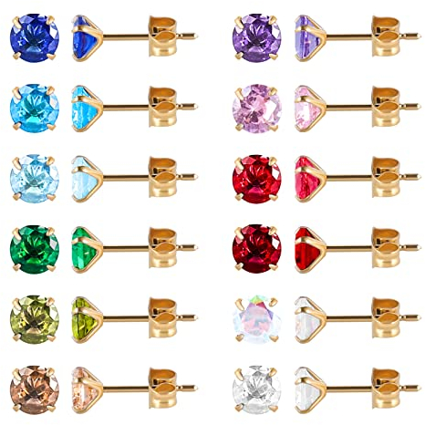 12 Paar chirurgische Edelstahl-Ohrstecker, 18K vergoldet Silber Stern Herz Teardrop Quadrat Cubic Zirkonia Birthstone Ohrstecker Set (Gold round 5mm)