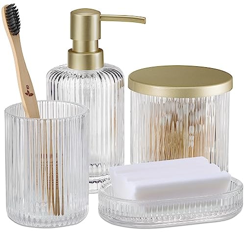 Navaris Glass Bathroom Accessories Set (4 Pieces) - Includes Soap Dispenser, Toothbrush Tumbler, Soap Dish, Cotton Pad Holder - Clear Glass with Gold Metal