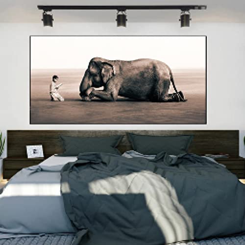 Schwarz Weiß Leinwandbild XXL Gerahmtes Junge liest vor Buddha Elefant Moderne Poster Zen Dekor Religion Kunst Wandbild 80x160cm Gerahmt