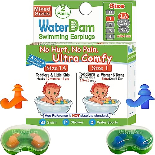 WaterDam Bouchons d'oreilles de natation ultra confortables et imperméables pour éviter les oreilles du nageur (taille 1A + 1 : tout-petits et petits enfants de 1 à 6 ans et très petites oreilles