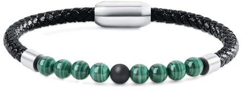 COAI Herren Schwarz Armband aus echtem Leder mit Malachitperlen L