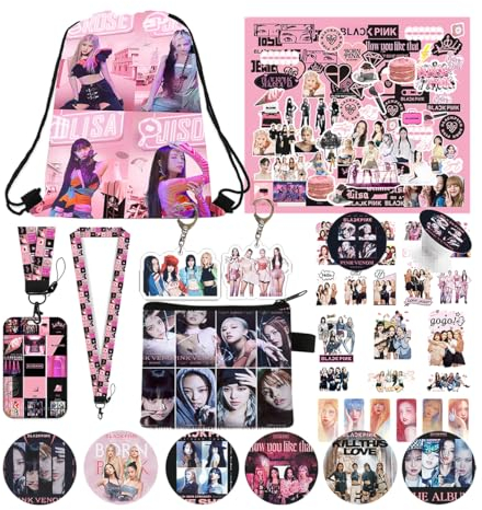 PJSTUG Blackpink-Fanartikel, Blackpink-Album-Merch, inklusive Beutel mit Kordelzug, Münzbeutel, Ausweis, Schlüsselband, Aufkleber, Anstecknadel, Telefonständer, Schlüsselanhänger, Kpop-Merchandise