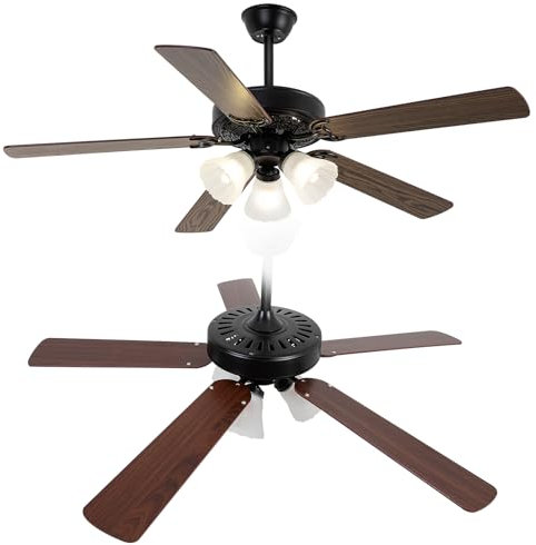 OHMG Ventilatore da soffitto con luce e telecomando, Vintage, Ø132 cm, 4 pale, 18W, Silenzioso, Luce LED regolabile, Telecomando wireless, 3 velocità, Basso rumore, Indoor, 53 cm x 33 cm x 27 cm