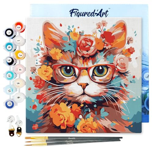 Figured'Art Mini Peinture par Numéro Adulte 20x20cm avec cadre Chaton fantaisie et fleurs - Petit Format Kit de Loisir Créatif DIY Numéro d'Art Complet