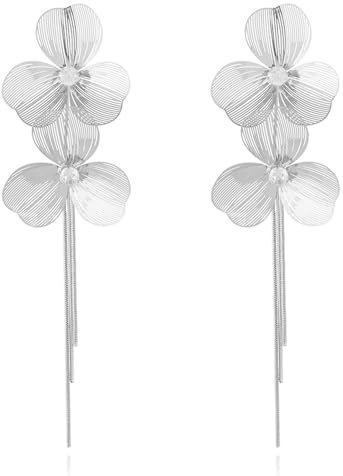 TOFBS Ohrringe für Damen 925 Silber Nadel Ohrstecker Mode Zarte Blume Metall Blatt Ohrring mit Zirkonia Lange Quaste Tropfen Ohrringe Schmuck Geschenk(Silber)