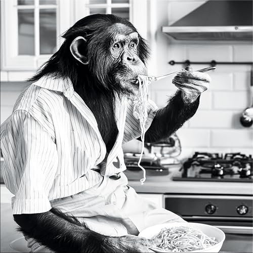 artissimo, Glasbild, 50x50cm, AG5586A, schwarz-weiß Foto Retro: Chimpanse beim Spaghetti Essen, lustige Tiere, Wanddekoration aus Glas, Wandbild Küche modern, Küchenbild
