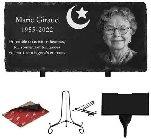 ETERNEL - Personalisierte Gedenktafel mit mehreren Trägermaterialien Islam - zum Einpflanzen, Aufkleben oder Aufstellen, Schiefer oder Granit, Foto und Text nach Wahl, Grabplatte, Gedenktafel, Hommage