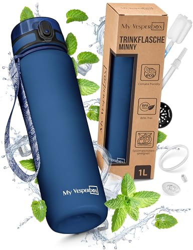 My Vesperbox Minny - Botella infantil de 750 ml, a prueba de fugas y sin BPA, incluye junta de repuesto, cepillo de limpieza, colador de frutas y pajita opcional, ideal para la escuela, guardería y