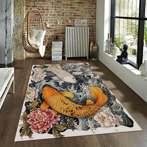 HOBBOY Koi Fisch Bereich Teppich Chinesische Pfingstrose Blumen Boden Teppich Japanische Wellen Koi Fisch Teppiche Dünne Fußmatte für Küche Schlafzimmer Eingang 180 x 240 cm