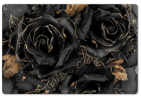 KitchenYeah© Platzsets Abwaschbar 6er Set 45x30 cm Tischsets Platzdecken Platzset Tischset Esstisch Tischuntersetzer Unterlagen rutschfest Rosen - Schwarz - Gold