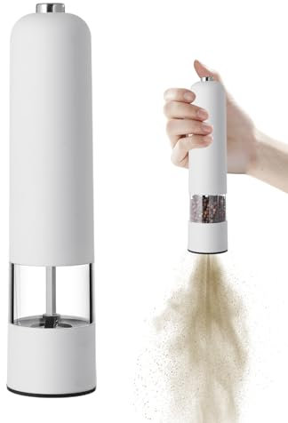 Molinillo de pimienta automático electromut | molinillo de sal de cerámica con cubierta de polvo, funciona con pilas, grosor ajustable, luz LED, funcionamiento con una sola mano para pimienta y