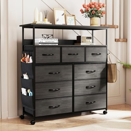 YOUDENOVA Chest of Drawers, 9 Drawer Fabric Dresser with Wood Top Shelf, Side Hooks & Hanging Bag, Rolling Wheels, Large Storage Organizer for Bedroom, Living Room, Easy to Assemble, Dark Grey