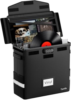 Tamfile Estuche de almacenamiento LP, caja de discos de vinilo ignífuga con cerradura, funda de transporte portátil plegable para DJ con cremallera impermeable con capacidad para hasta 50 + discos de