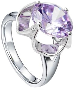 Homxi Anello Fidanzamento Oro Bianco Donna 18 Kt, Solitario Rotondo con Ametista, Donna Anello Fidanzamento in Argento Viola, Taglia 17(57mm)
