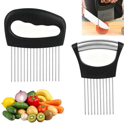 2 Pcs Onion Holder for Slicing, Stainless Steel Onion Slicer with 16 & 10 Long Needles, Multipurpose Kitchen Gadget for Vegetable Fruit Tomato Potato Slicing & Meat Tenderizer