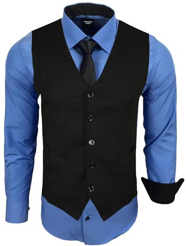 Subliminal Mode - Gilet + Chemise + Cravate Homme Col Bicolore Uni Manches Longues Coupe Ajusté Business Repassage Facile RN33 Noir et Bleu Clair XL