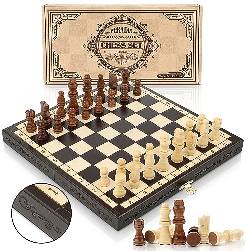 Peradix Chess Set | Wooden Chess Board Piece Set Games | 29x29cm Folding Chessboard for Storage | 2 Extra Queen | Strategy Educational Games for Kids and Adult