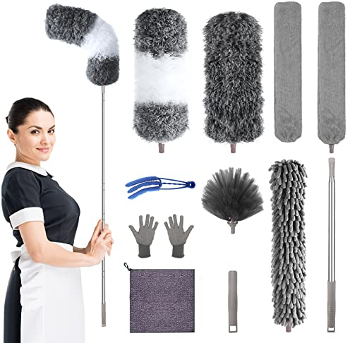 Plumero de Plumas de Microfibra, 12 plumeros Reutilizables doblables, Plumero de Ventilador de Techo con Barra de extensión de 30 a 100 Pulgadas, plumeros Lavables para Limpiar Ventilador de Techo,