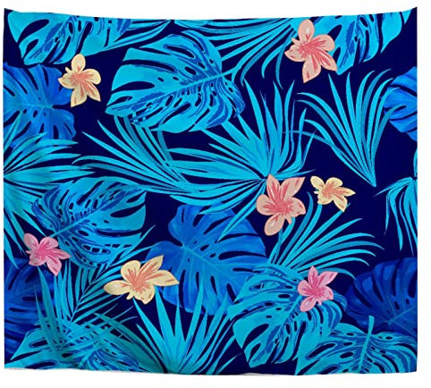A.Monamour Wandteppich Tropische Blaue Dschungel Blätter Und Blumen Botanisch Stoff Tuch Tapisserie Wandbehang Wanddeko Wandkunst Wandbilder Wandtuch für Wohnzimmer Schlafzimmer 153x203cm