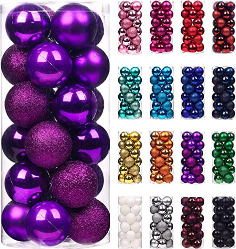 Treer 24 Stück Weihnachtskugeln Kunststoff Christbaumkugeln Set, Bruchsicher Mehrweg Christbaumschmuck zum Aufhängen, Matt Glänzend Glitzernd Weihnachtsbaum Kugeln Weihnachtsdeko (3cm,Violett)