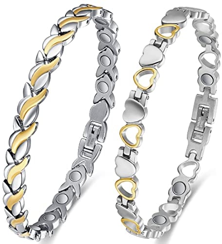 Vicmag 2 PCS Magnetarmband Damen, Titanstahl Ultral-Festigkeit magnetisch Armband Geschenk mit Entfernungswerkzeug (Silber Gold Fischschwanz & Liebe)