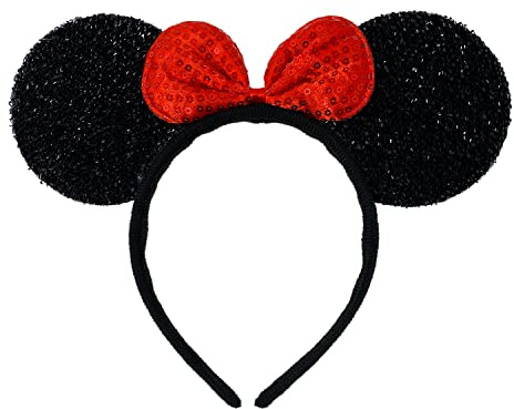 Oblique Unique® Haarreifen mit Maus Ohren und Schleife Glitzer Haarreif Mouse Kostüm Accessoire für Mädchen Damen Fasching Karneval Motto Party (Ohren Schwarz/Schleife Rot)