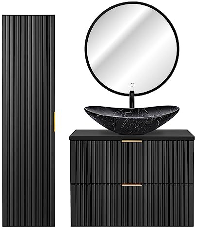 Lomadox Badmöbel Set mit 81cm Waschtisch, Hochschrank, LED-Spiegel und Keramik-Waschbecken, schwarz matt gerillte Front, B/H/T ca. 130/200/46,5 cm