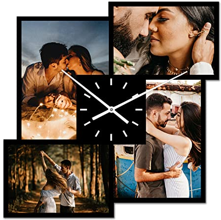 PhotoFancy® - Fotouhr aus Kunststoff - Uhr mit Foto Bedrucken - Wanduhr mit eigenen Fotos gestalten - 35 cm - Zeiger Weiß - Layout Collage