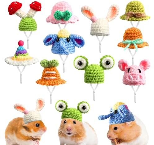 Hugsweet Meerschweinchen Strickmütze,10 Stück Hamster-Kostüme - Handgestrickte kleine Mütze, Hamsterkostüme mit verstellbarem Riemen für Igel, Eidechse
