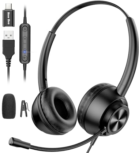 New bee Headset with Microphone, Wired Headset with with USB-A & USB-C,Computer Headset for Call Center/Work/Skype Chat/Online Courses