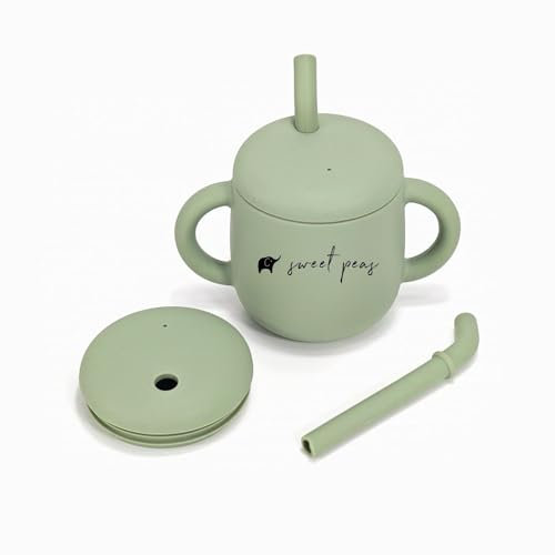 Sweet Peas - Taza de silicona para niños (salvia), sin BPA, a prueba de derrames, apta para lavavajillas, ligera y respetuosa con el medio ambiente, popote intercambiable y tapa para sorber | Colores