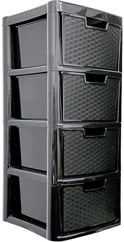 ALEEZ - Large Plastic Drawer Storage Unit - Rattan Effect 4 Drawer Cabinet - Multipurpose Storage Organiser - Office, Tabletop Desktop Drawer - Bedroom Chest Drawer Unit - (Black, 4 Drawer)