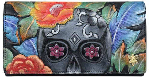 Anuschka Original Handbemalte Gefaltete Brieftasche aus Leder mit RFID - Schutz und DREI Fächern - Tooled Midnight Calavera