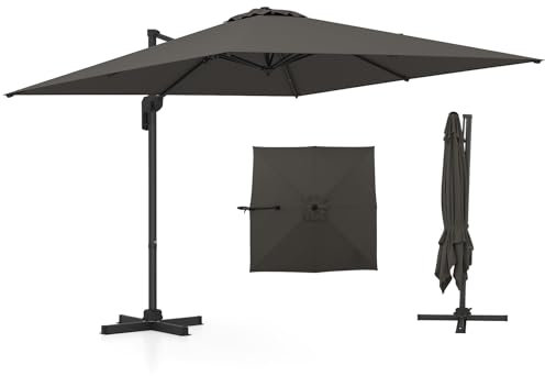 GOPLUS Parasol Déporté 3x3M, Grand Parasol de Jardin Exterieur Pivotant à 360° avec 5 Positions Inclinables, 8 Baleines, Manivelle, Base Croisée, Anti-UV, pour Piscine Marché (Gris)