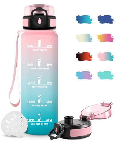 JAPORIA Wasserflasche Sport 1L, Kohlensäure Geeignet, Auslaufsicher Trinkflasche mit Filter, Motivierende Wasserflasche mit Zeitmarkierung, Sportflasche für Bergsteigen, Camping, Picknick, Yoga