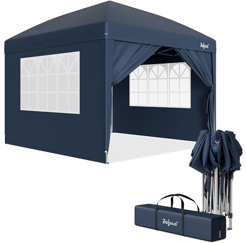 Zelsius Faltbarer Pavillon 3x3 m mit Seitenwänden | Blau | Pop-Up Faltpavillon UV30, Gartenzelt faltbar, Klapp Partyzelt mit Seitenwänden | Unterstand für Garten, Sonnenschutz, Gartenpavillon