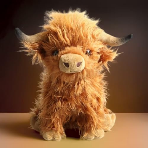 AQCQDQ Highland Cow Kuscheltier, Niedlich Hochlandkuh Plüschtier, 25cm Realistisches, Flauschiges Stofftier, Weich Schottisches Hochlandrind, für Jungen, Mädchen, Kinder