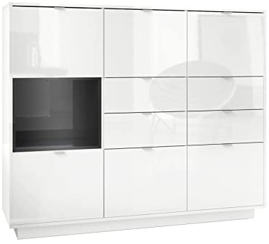 Vladon Highboard Sideboard Metro V2, Made in Germany, Korpus in Weiß Hochglanz/Fronten in Weiß Hochglanz mit Einsatz in Schwarz Hochglanz