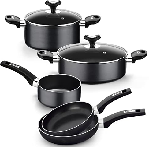 Monix resistent Plus batteria di pentole 5 pezzi E set di 2 padelle da 20 E 24 cm, Alluminio, Nero, 16, 7