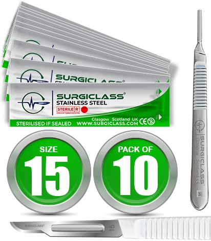 Surgical Scalpel Surgical Blades # 15 Stainless Steel Sterile Pack of 10 and Handle No 3 Perfect for wood art, Surgical, Sculpting, Repairs, Lab Anatomy, Sign, Card Making Lab Training SURGIGR15-10