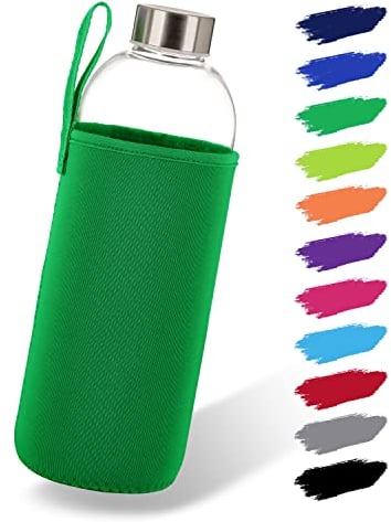 NOMA Glasflasche 1 Liter mit Neoprenhülle | Trinkflasche aus Glas in 500ml & 1000ml mit Schutzhülle und Edelstahldeckel | Wasserflasche für Sport, Büro, Schule & Outdoor | Grün