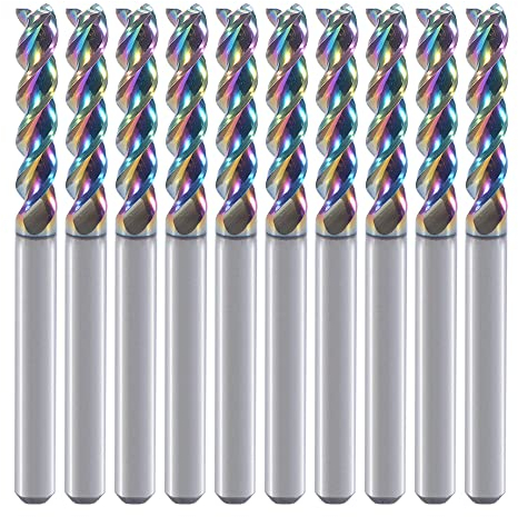Fraises à extrémité carrée en carbure de tungstène de 3.175 mm pour applications en aluminium et cuivre, 3 cannelures, diamètre de coupe de 0.3 cm, design de type U, lot de 10 (3.175x3.175x15 mm)