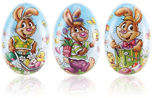 com-four® 3x Osterei zum Befüllen - Bunte Fülleier für Ostern - Ostereier mit Oster-Motiven im Comic-Stil zum verstecken und verschenken (3 Stück - 15cm)