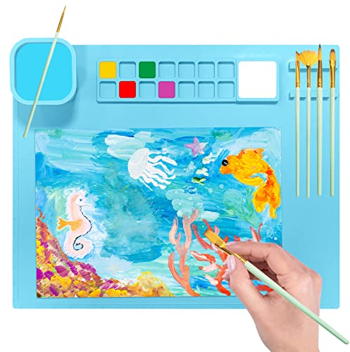 Silicone Painting Mat Silicone Craft Mat with Paint Brush Cup and Paint Holder 20x16 Silicone Art Mat for Children Adults (Blue)